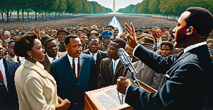 A portrait of Martin Luther King Jr. delivering a speech at the March on Washington, surrounded by a diverse crowd under bright sunlight.