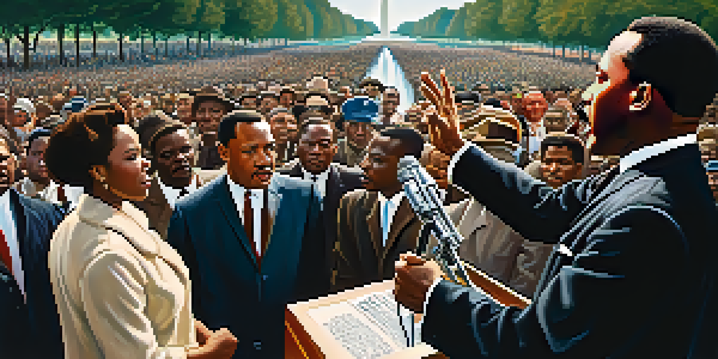 A portrait of Martin Luther King Jr. delivering a speech at the March on Washington, surrounded by a diverse crowd under bright sunlight.