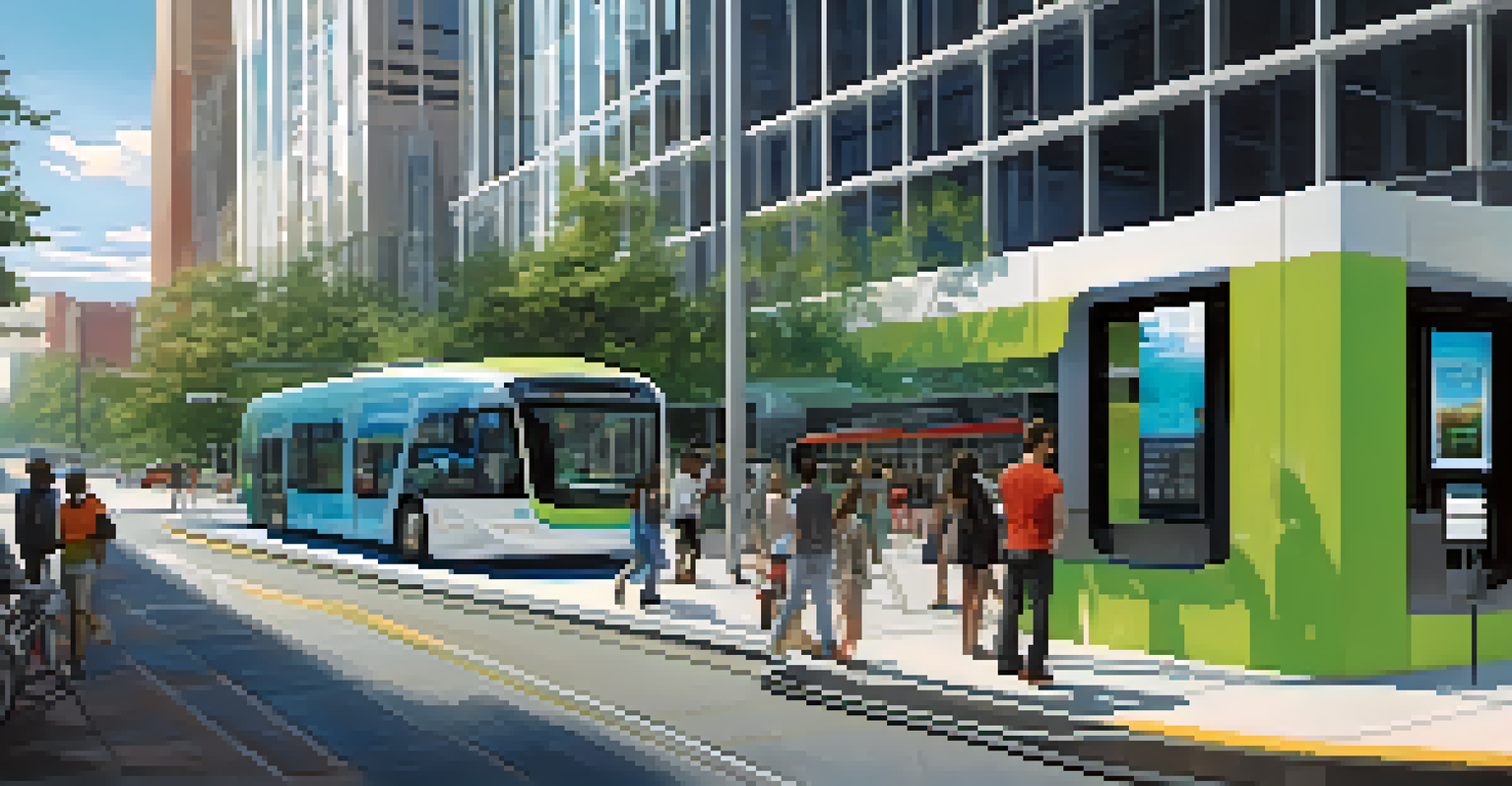 A modern electric bus stop in Atlanta with digital displays and people waiting for transportation.