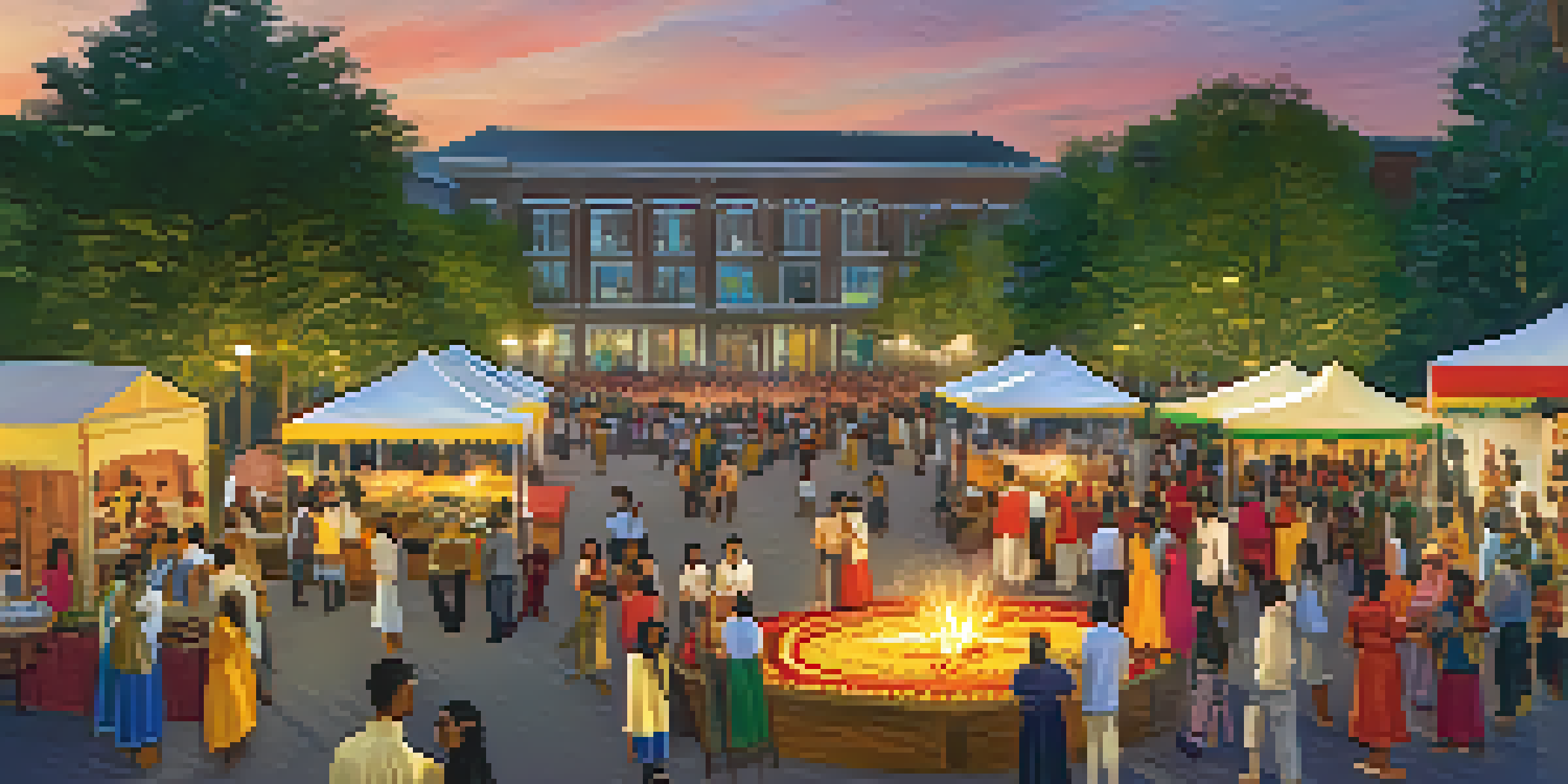 A lively cultural fair at Georgia State University featuring diverse students in traditional attire, dance performances, and food stalls.