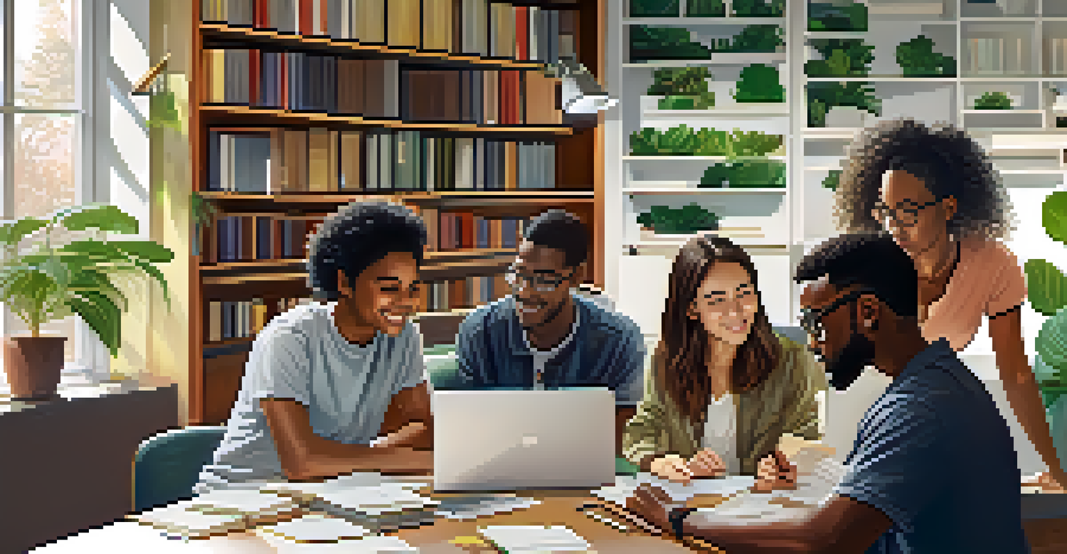 A diverse group of university students collaborating at a table with laptops and papers in a bright environment.