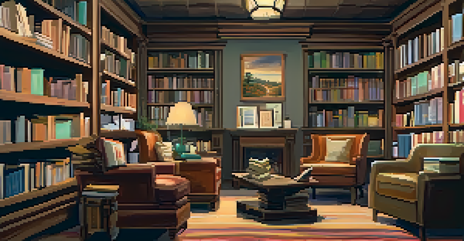 An inviting independent bookstore in Atlanta with wooden shelves, cozy reading nook, and writers collaborating.