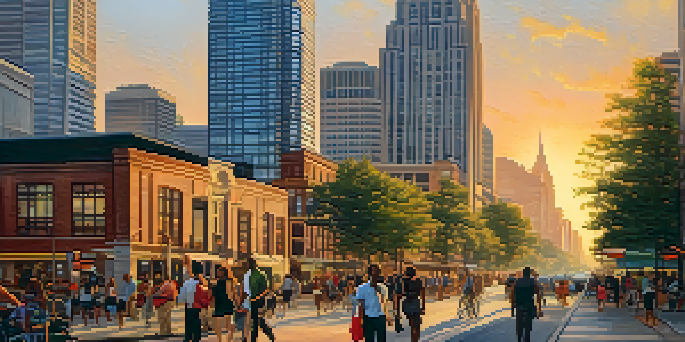 A vibrant cityscape of Atlanta with diverse people engaged in activities, illuminated by a warm sunset.