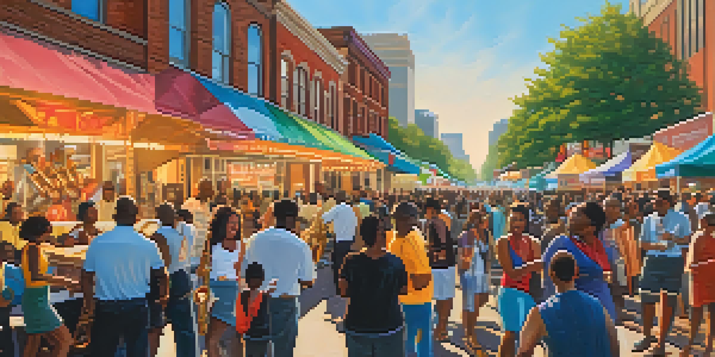 A lively street scene at the Atlanta Jazz Festival with diverse crowds enjoying music, colorful banners, and musicians playing instruments.