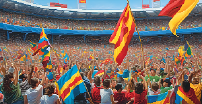 A diverse group of enthusiastic Atlanta sports fans cheering in a brightly lit stadium, filled with colorful banners and flags.