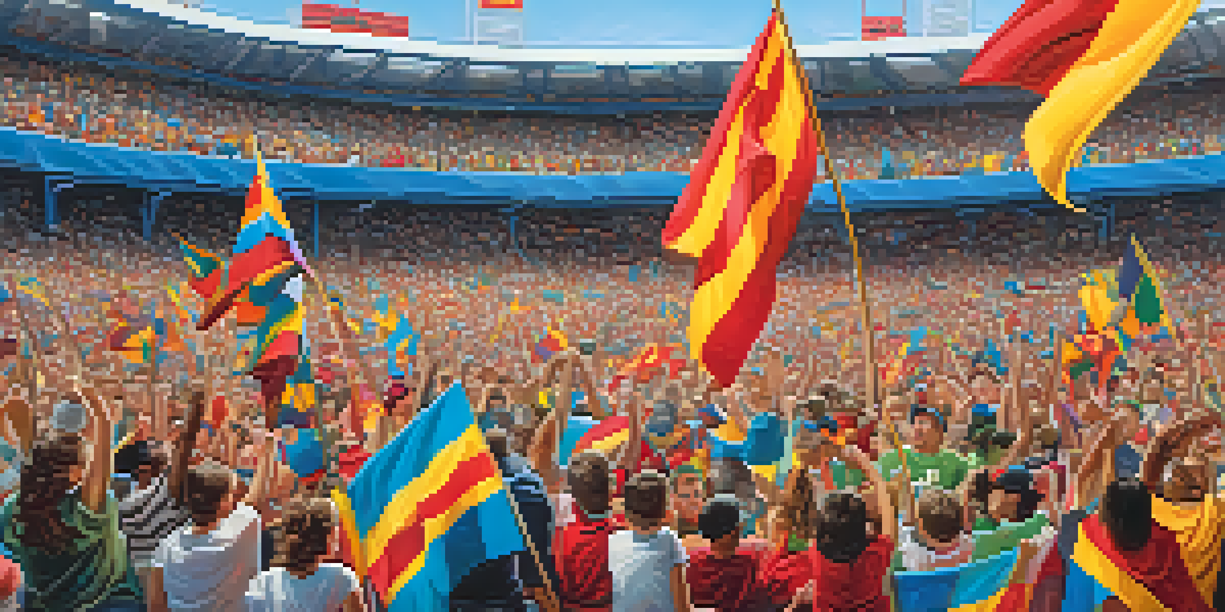 A diverse group of enthusiastic Atlanta sports fans cheering in a brightly lit stadium, filled with colorful banners and flags.