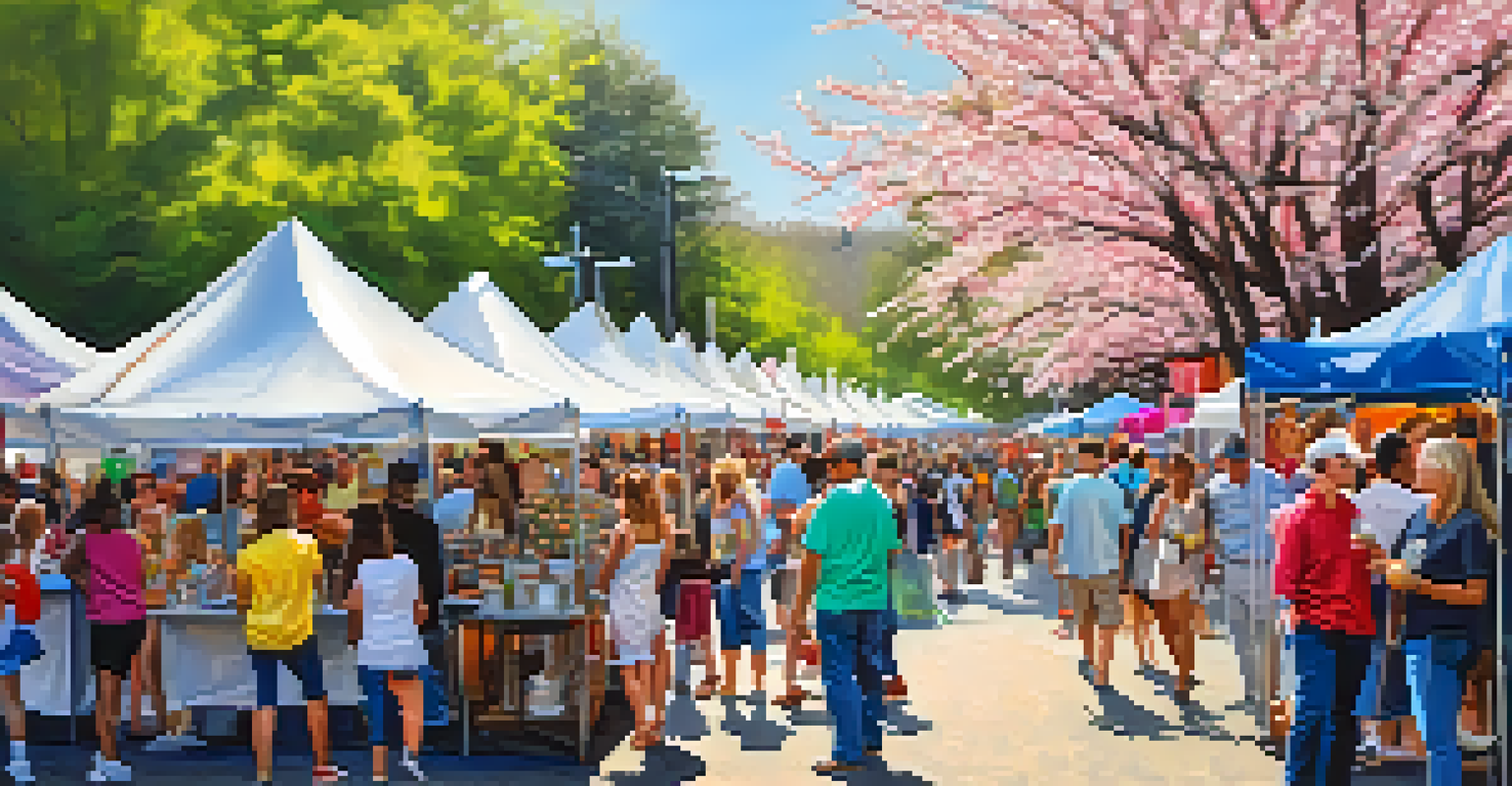 An outdoor festival scene with artists, families, and blooming dogwood trees at the Atlanta Dogwood Festival.