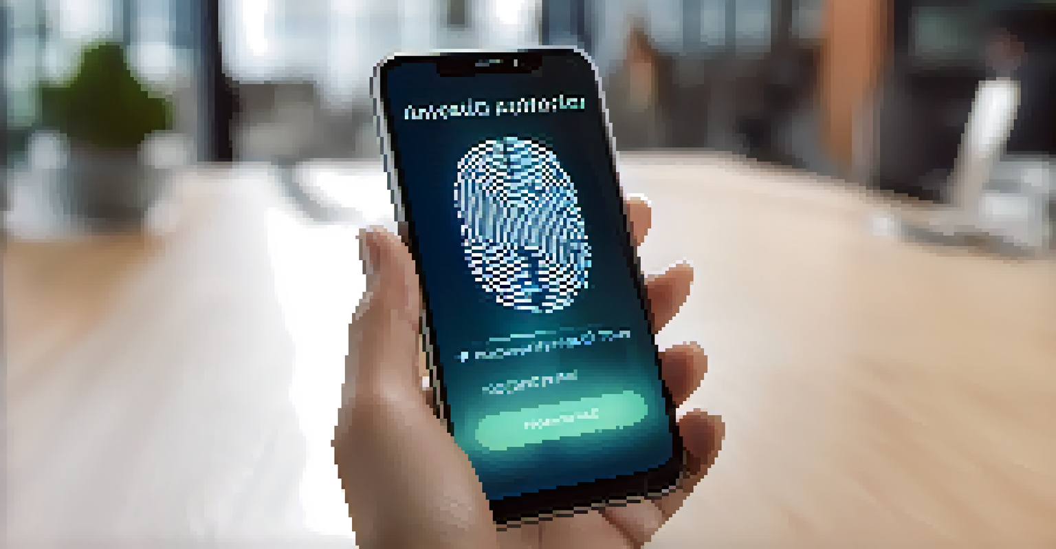 A hand holding a smartphone showing a voice authentication app interface against a blurred office background.