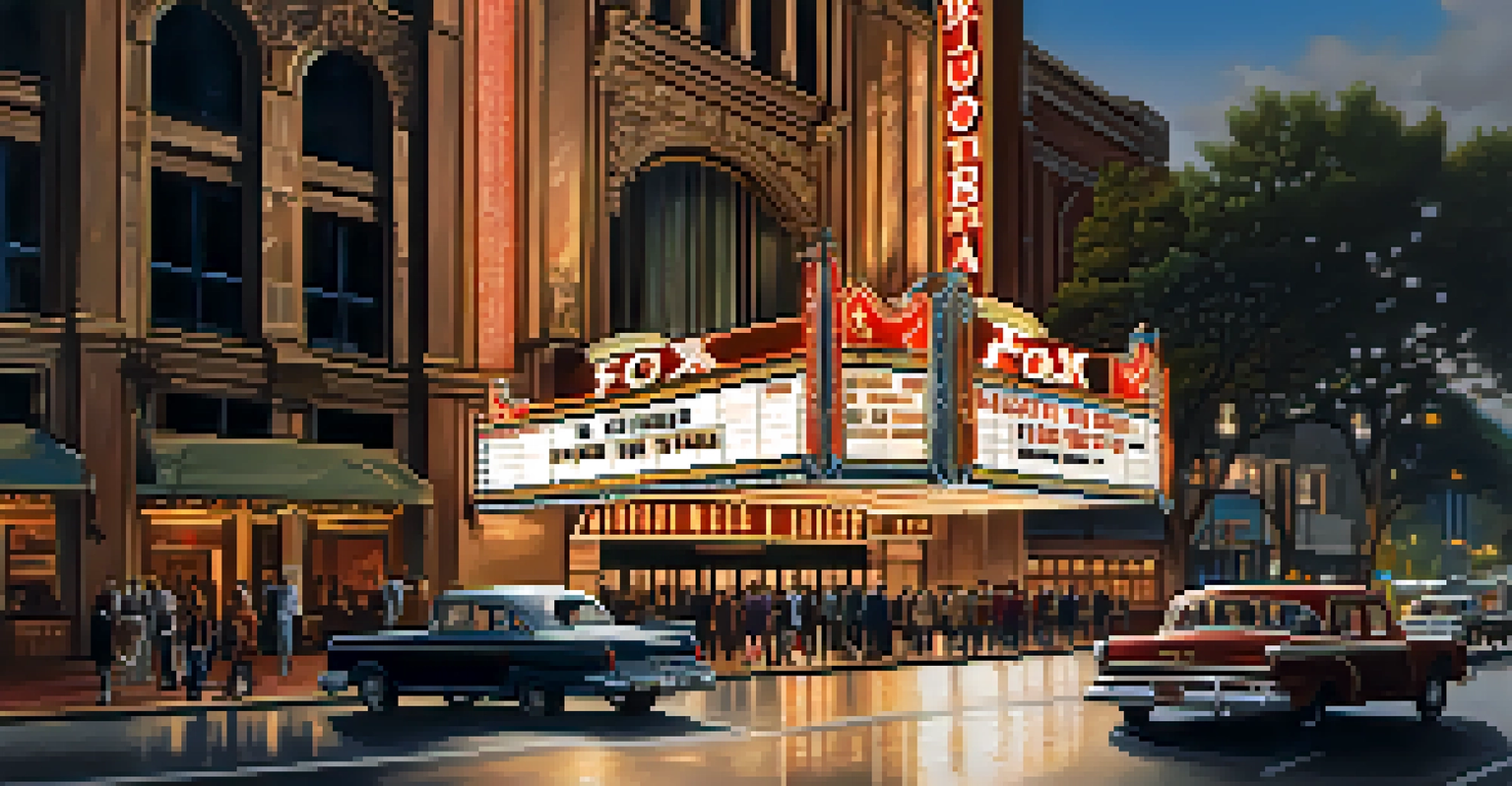 The iconic Fox Theatre in Atlanta illuminated at night with people walking by.