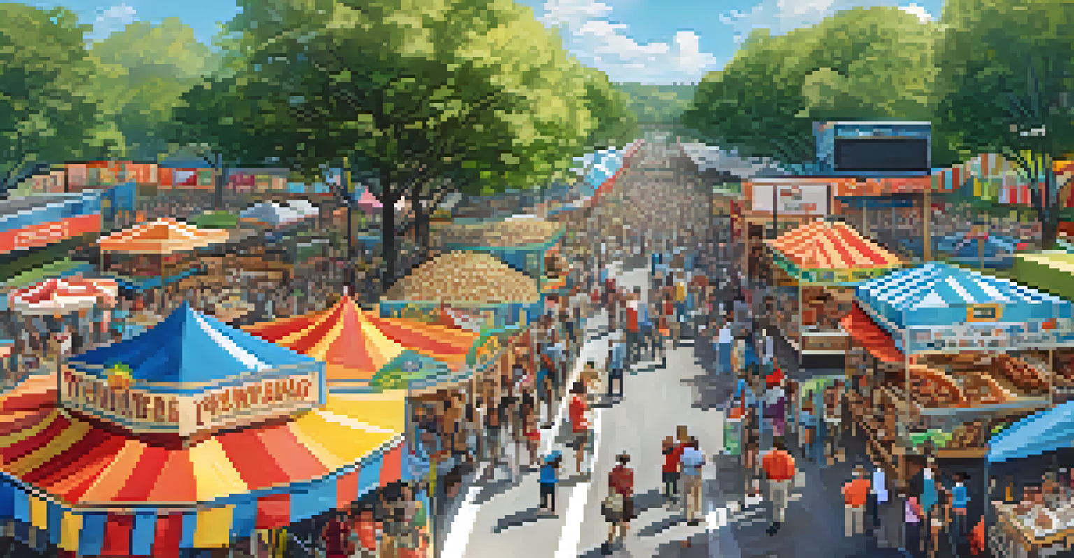 An overhead view of a food festival in Atlanta with various food stalls and happy attendees sampling dishes.