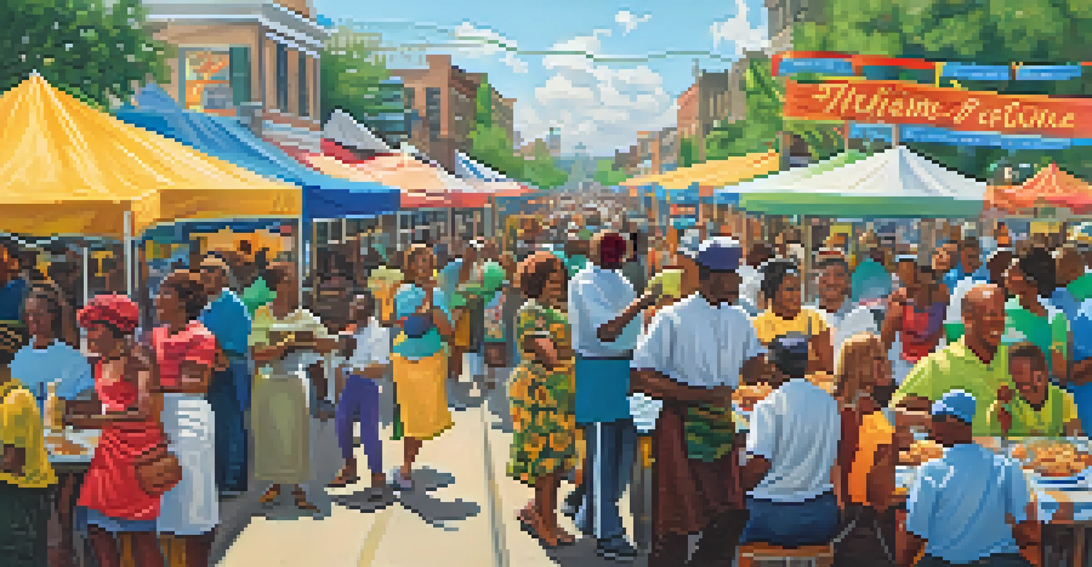 A lively culinary festival in New Orleans with chefs serving African American dishes, vibrant decorations, and happy attendees enjoying the food and music.