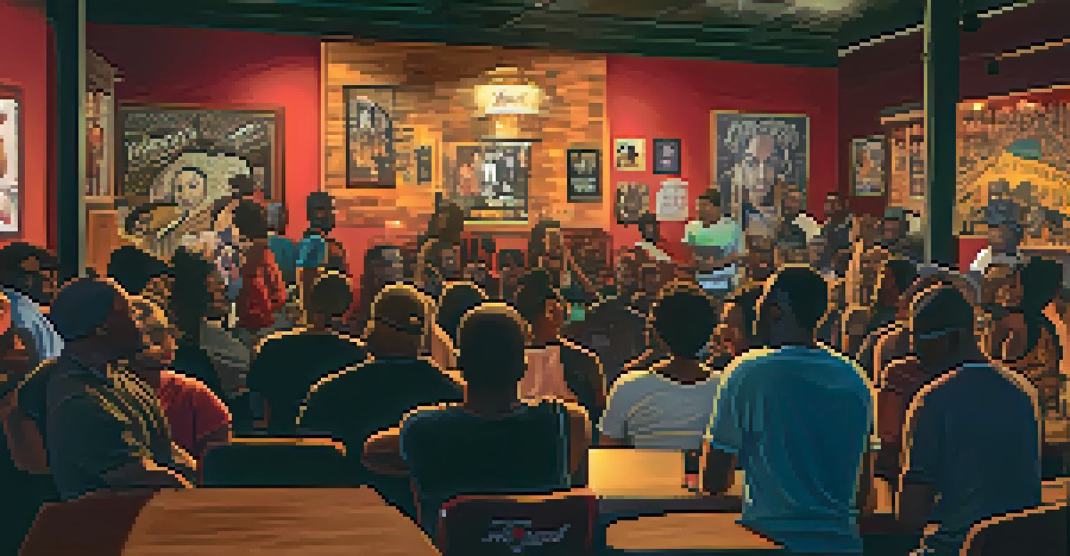 An aspiring artist performing at an open mic night in an Atlanta club, with an engaged audience and warm lighting.