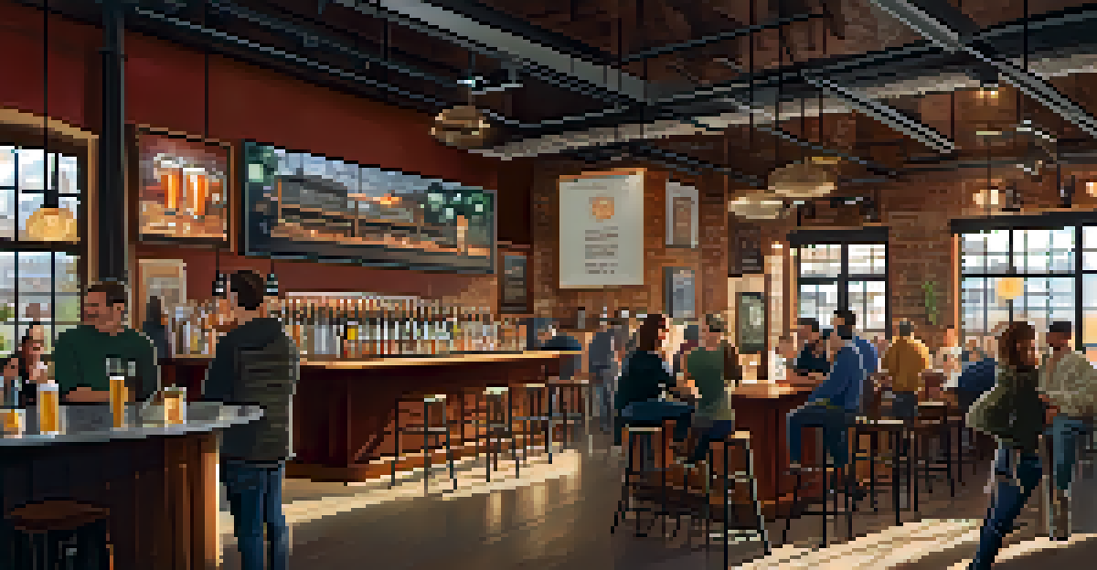 A cozy interior of a modern taproom at a craft brewery, featuring a stylish bar, local art on the walls, and patrons enjoying their drinks.