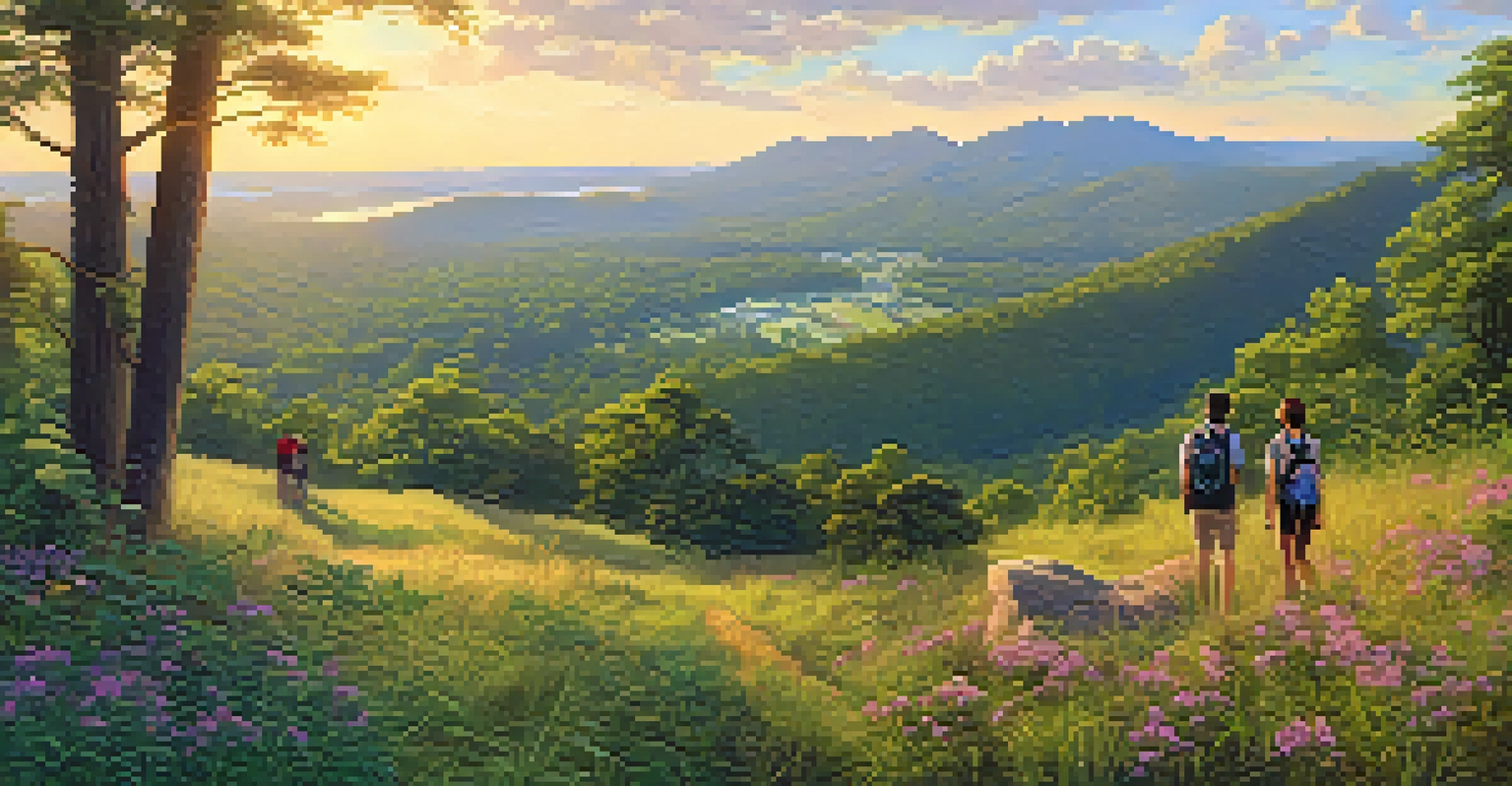 Hikers on a scenic trail in Kennesaw Mountain National Battlefield Park, with lush greenery and a beautiful sunset view of the valley below.
