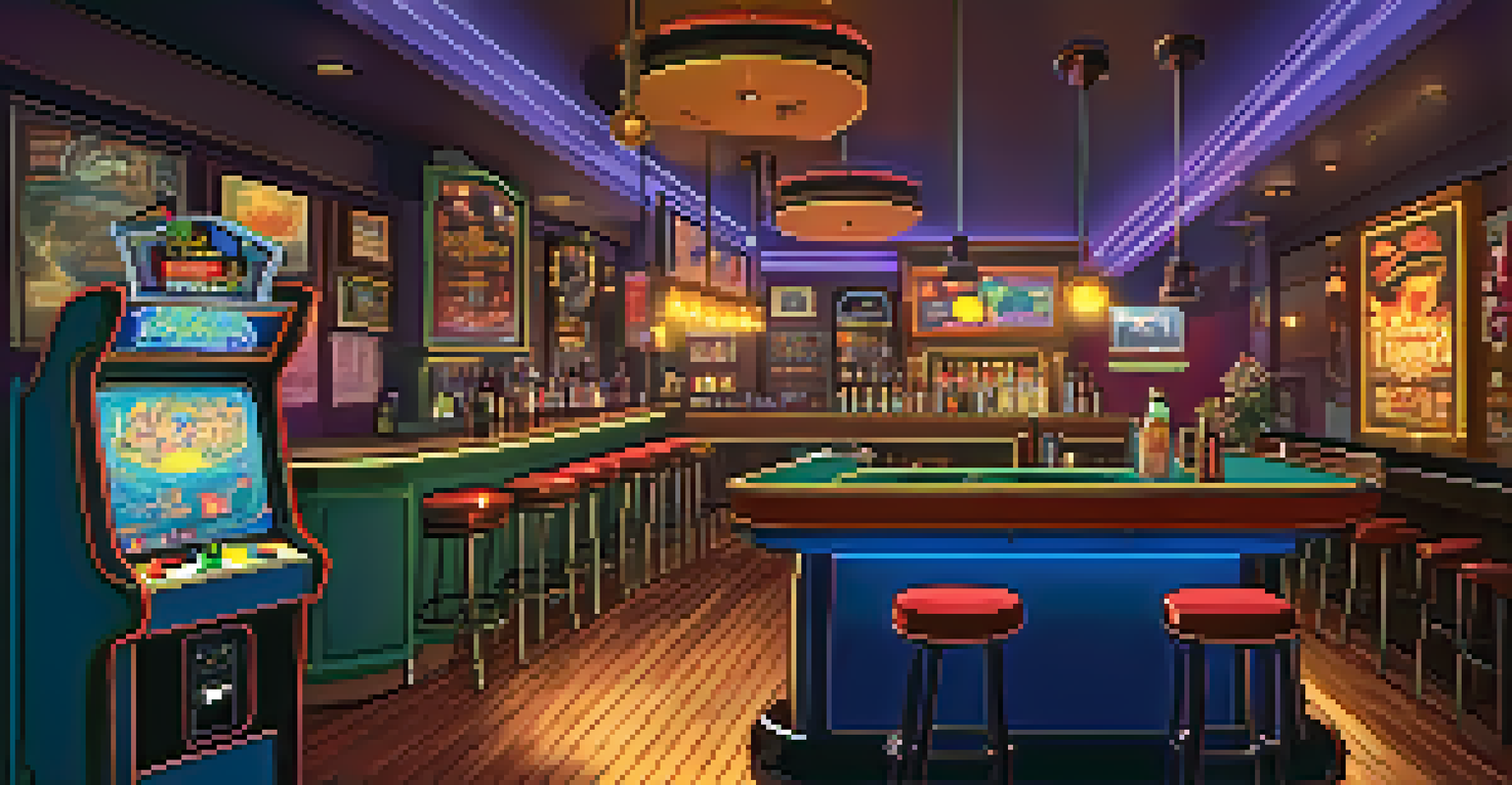 A nostalgic game bar scene with arcade machines and patrons enjoying drinks and games.