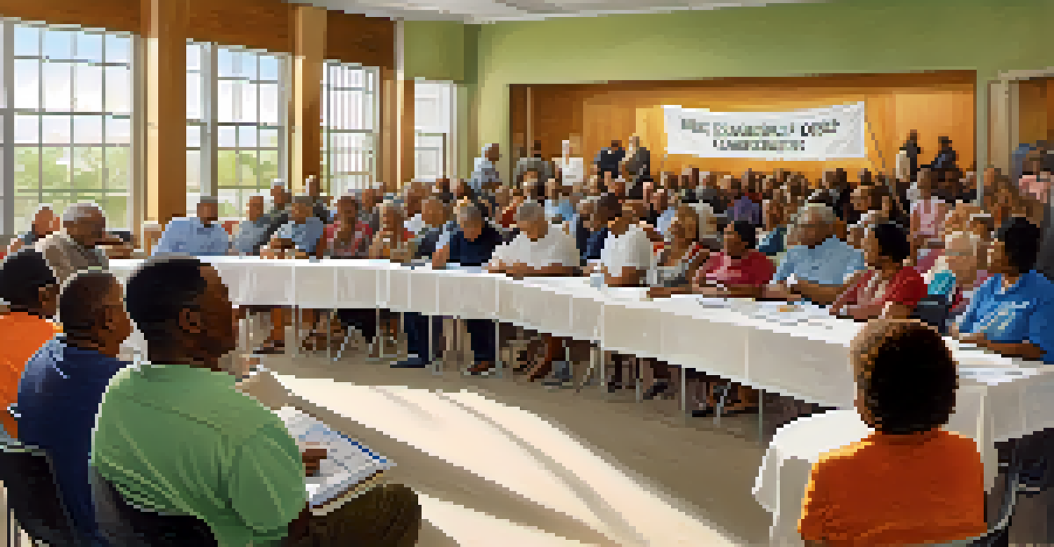 A public forum in Atlanta with local officials discussing safety initiatives, surrounded by an engaged audience of diverse residents.