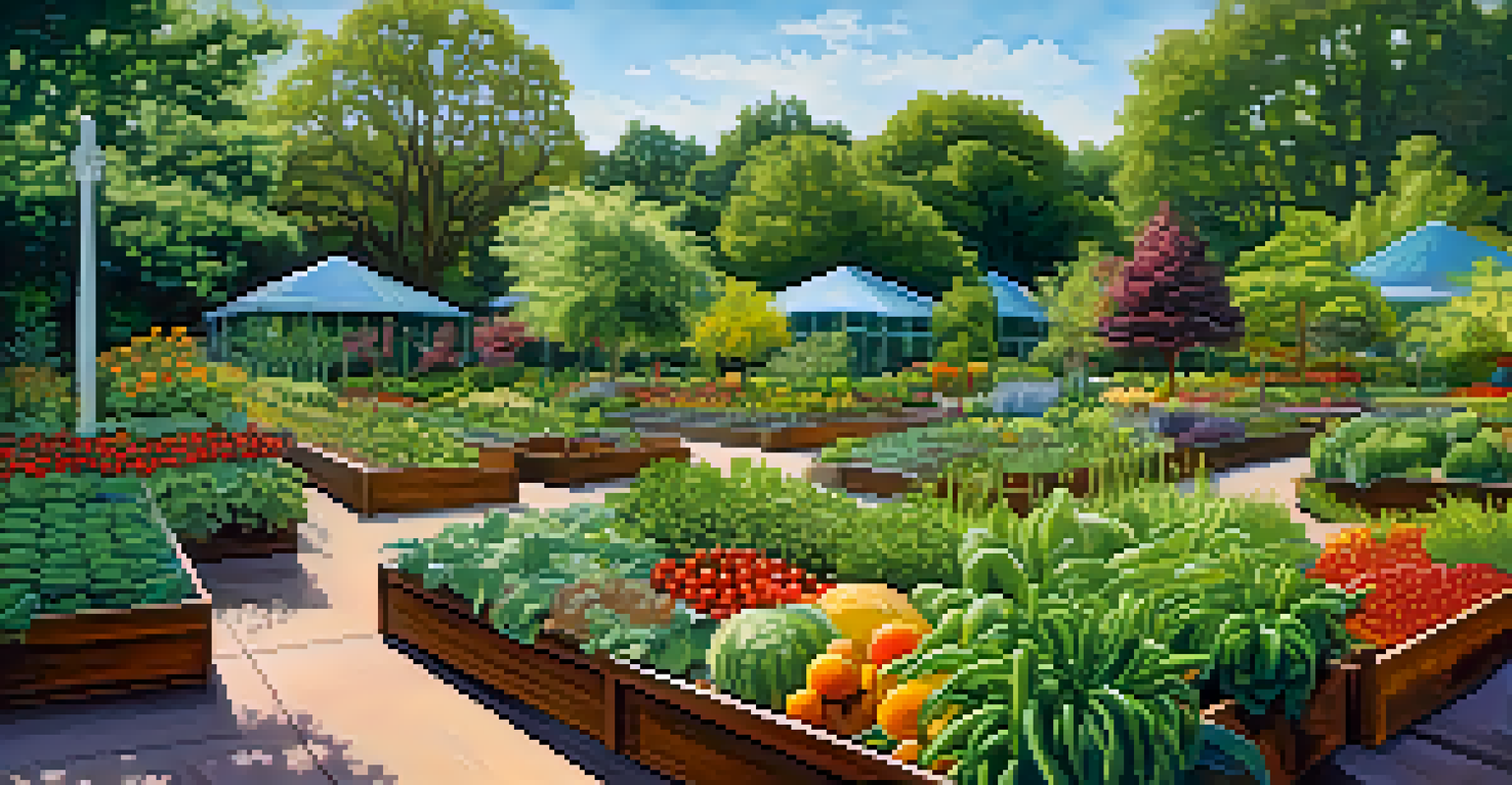 A colorful view of the Edible Garden in Atlanta's Botanical Gardens displaying fruits, vegetables, and herbs under a bright blue sky.