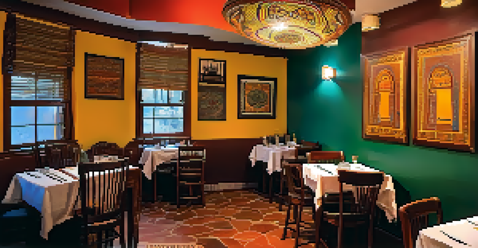 An intimate interior of a family-run Ethiopian restaurant in Atlanta, showcasing a communal dining setup with injera and stews, under warm lighting.