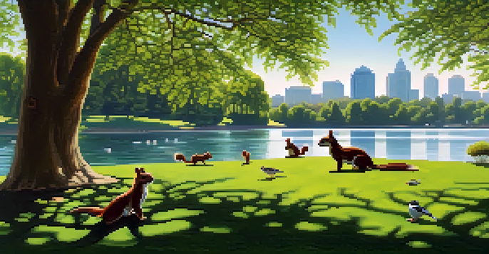 A peaceful morning in Piedmont Park with squirrels playing on the grass and birds in the trees near a reflective lake.