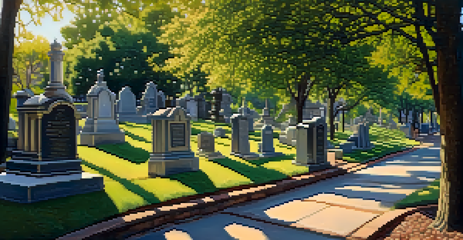 A peaceful scene of Historic Oakland Cemetery with Victorian tombstones and vibrant gardens in warm afternoon light.
