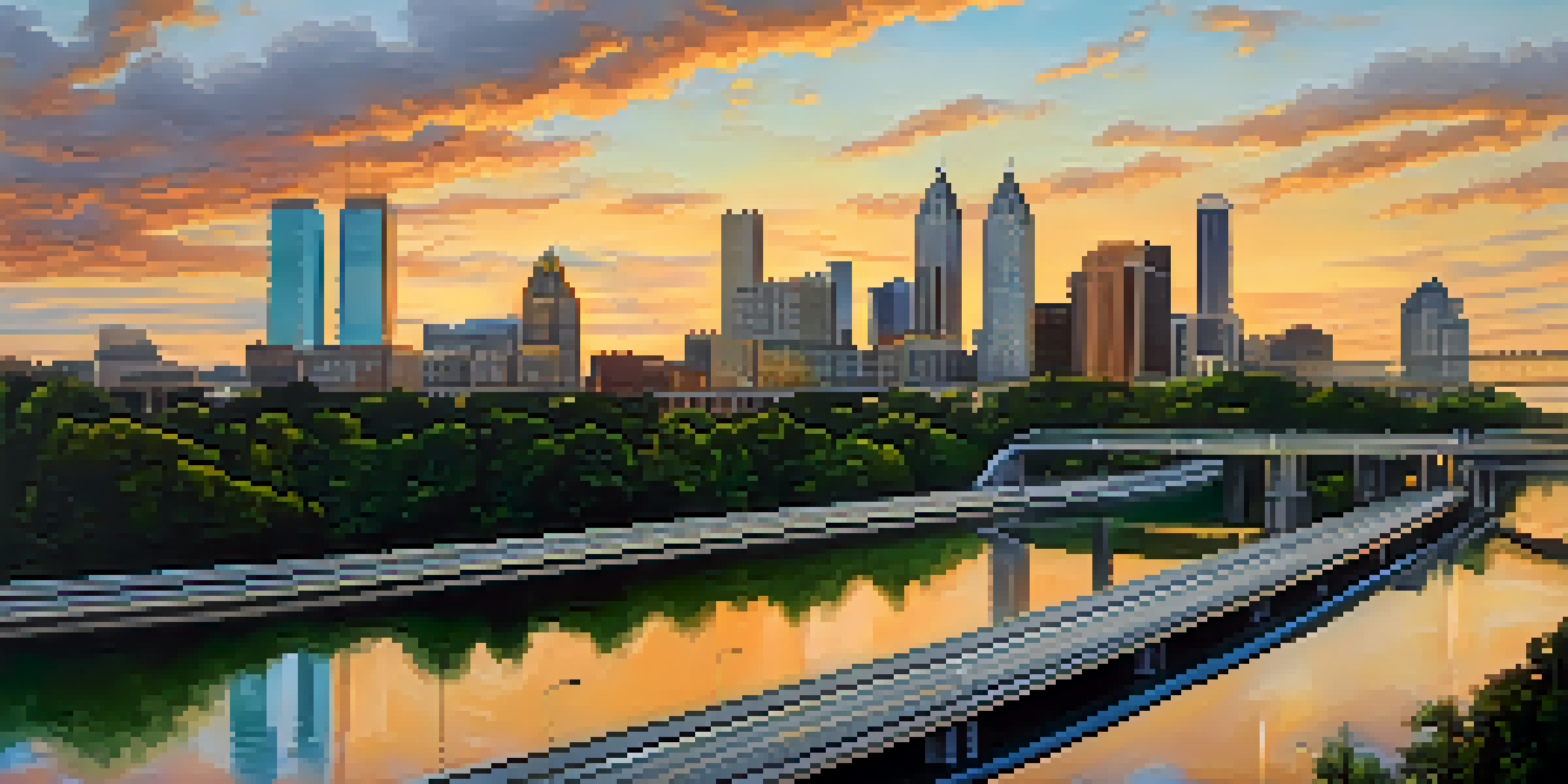 A sunset view of the Atlanta skyline from Jackson Street Bridge, featuring warm colors and lush greenery in the foreground.
