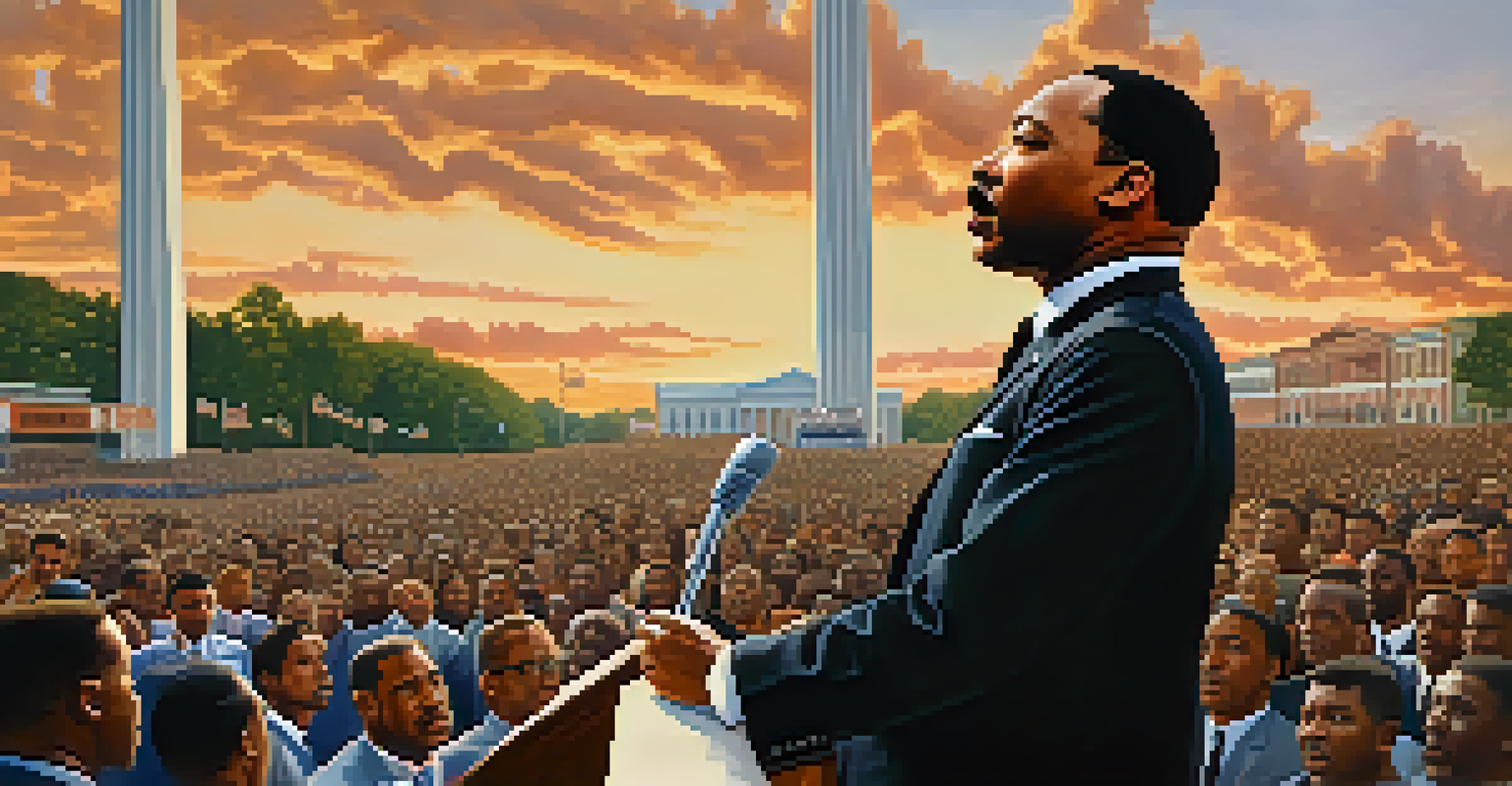 Martin Luther King Jr. speaking passionately at a rally, with a diverse crowd gathered in support in an outdoor setting during the Civil Rights Movement.