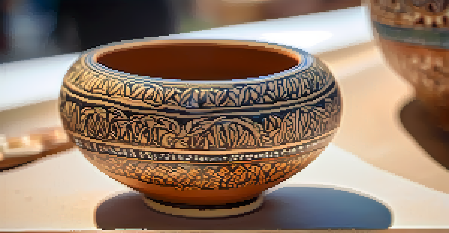 A detailed close-up of a handcrafted pottery piece with intricate glaze patterns, set against a blurred background of an art fair.