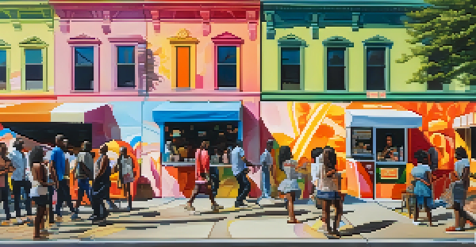 A bustling street in Atlanta with a large colorful mural, food trucks, and street performers, illuminated by warm afternoon sunlight.