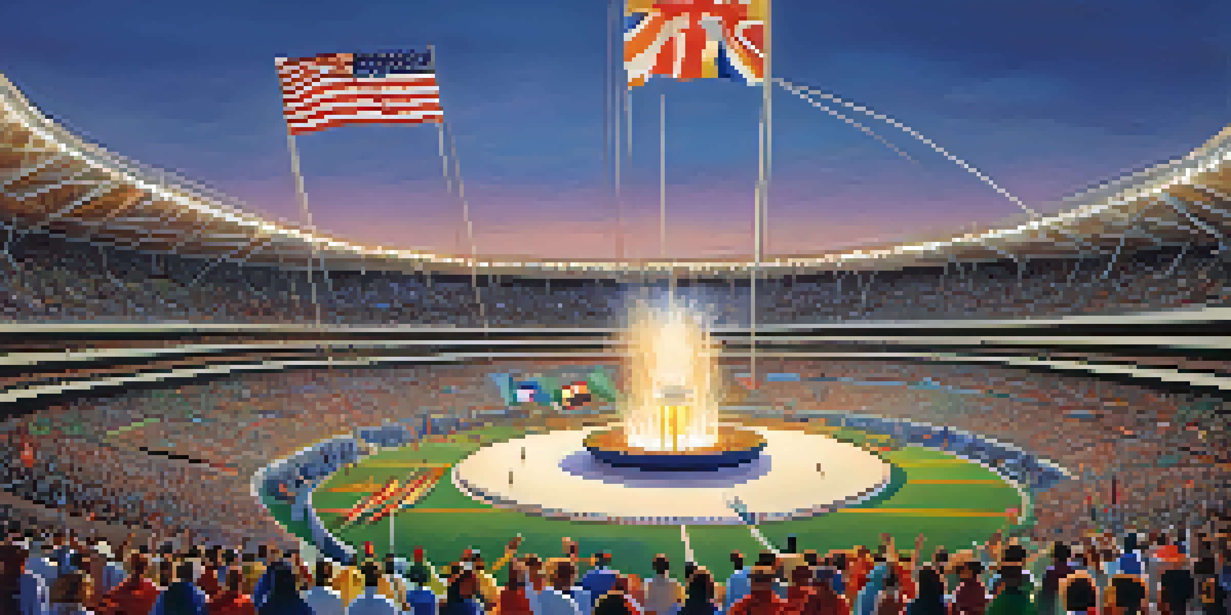 A colorful opening ceremony of the 1996 Atlanta Olympics with athletes parading in their national uniforms, flags waving, and a lit Olympic cauldron in the background.