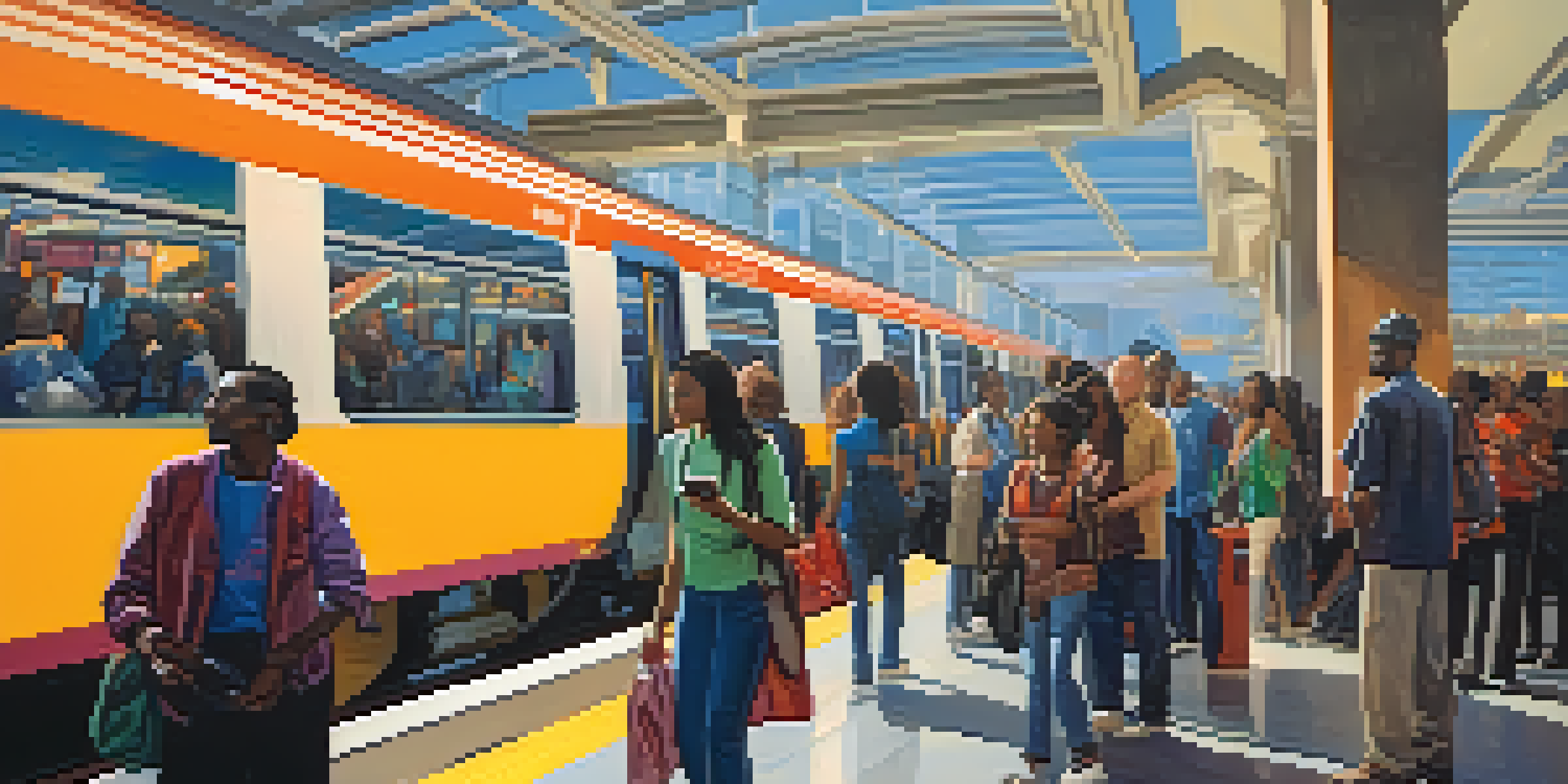 A crowded MARTA train station with diverse commuters waiting for trains, illuminated by bright lights and featuring colorful advertisements.
