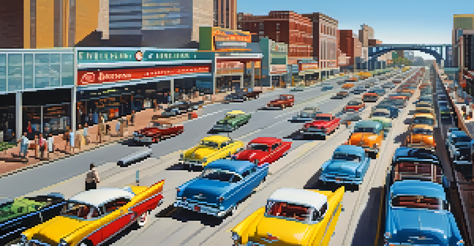 A lively 1950s Atlanta street with cars on the interstate and retro buildings under a bright blue sky.