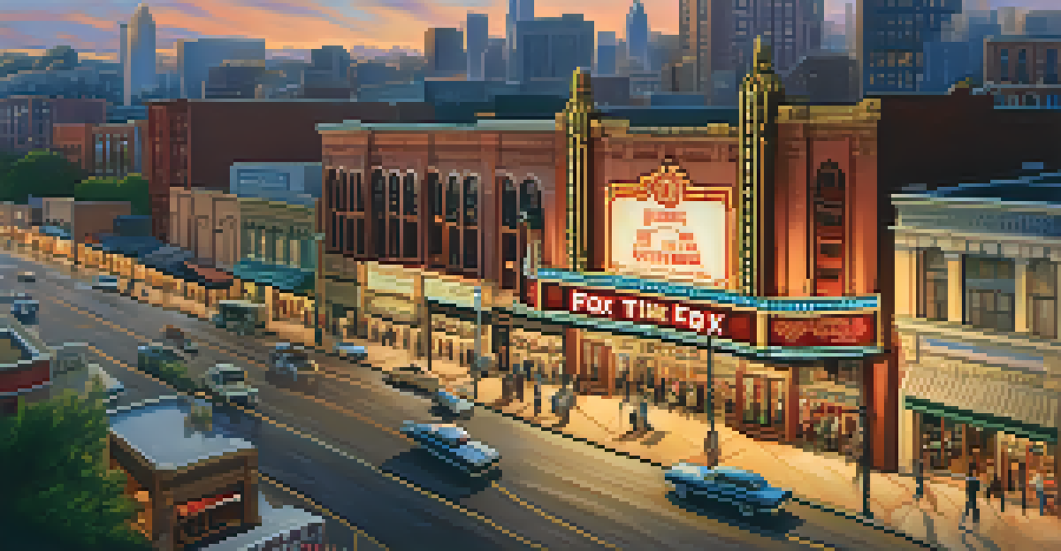 A lively urban scene featuring the iconic Fox Theatre and vintage storefronts in the Historic Atlanta Film District during sunset.