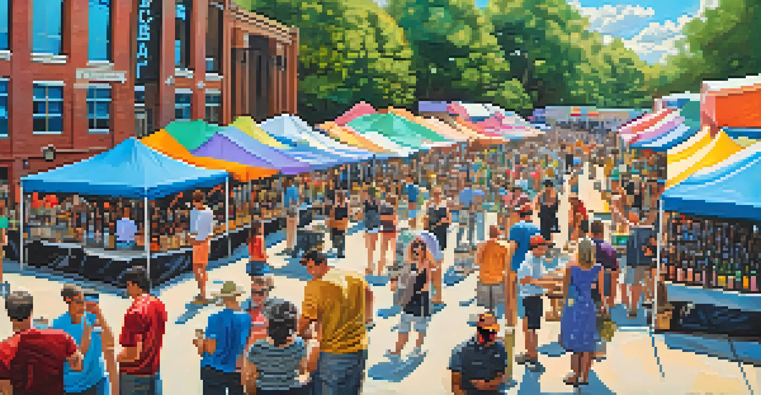An outdoor craft beer festival in Atlanta featuring colorful tents, food trucks, and attendees sampling local brews under a blue sky.
