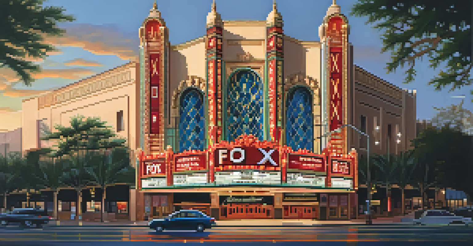 The exterior of the Fox Theatre at dusk, highlighting its Moorish architecture and illuminated marquee.