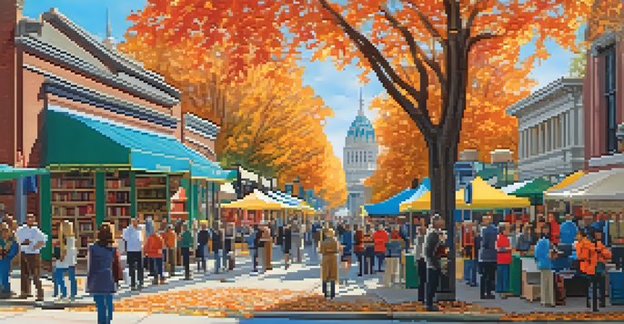 A lively street scene in Atlanta with authors at a literary festival, engaging with readers amidst colorful banners and book displays, set against historic buildings and autumn trees.