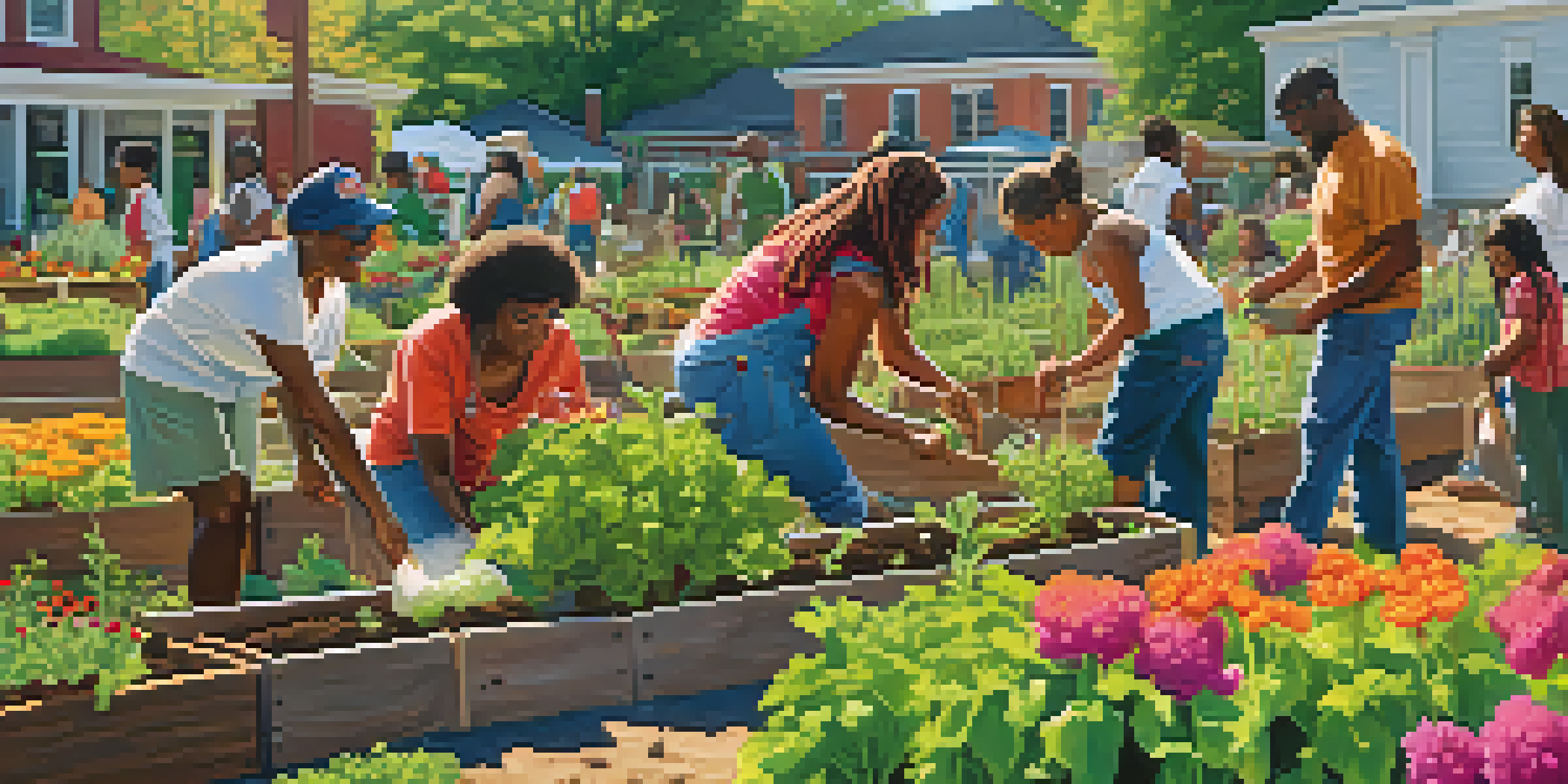 A lively community garden in Atlanta with people planting various vegetables and herbs, showcasing a bright and sunny atmosphere.