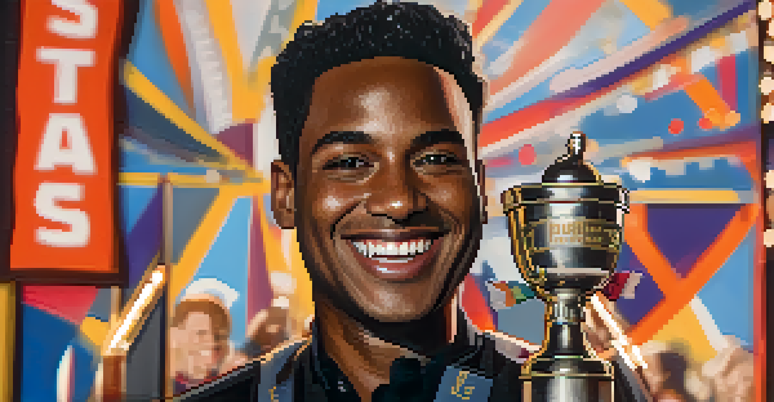 A joyful filmmaker holding a trophy at an Atlanta film festival, with festival banners and lights in the blurred background.