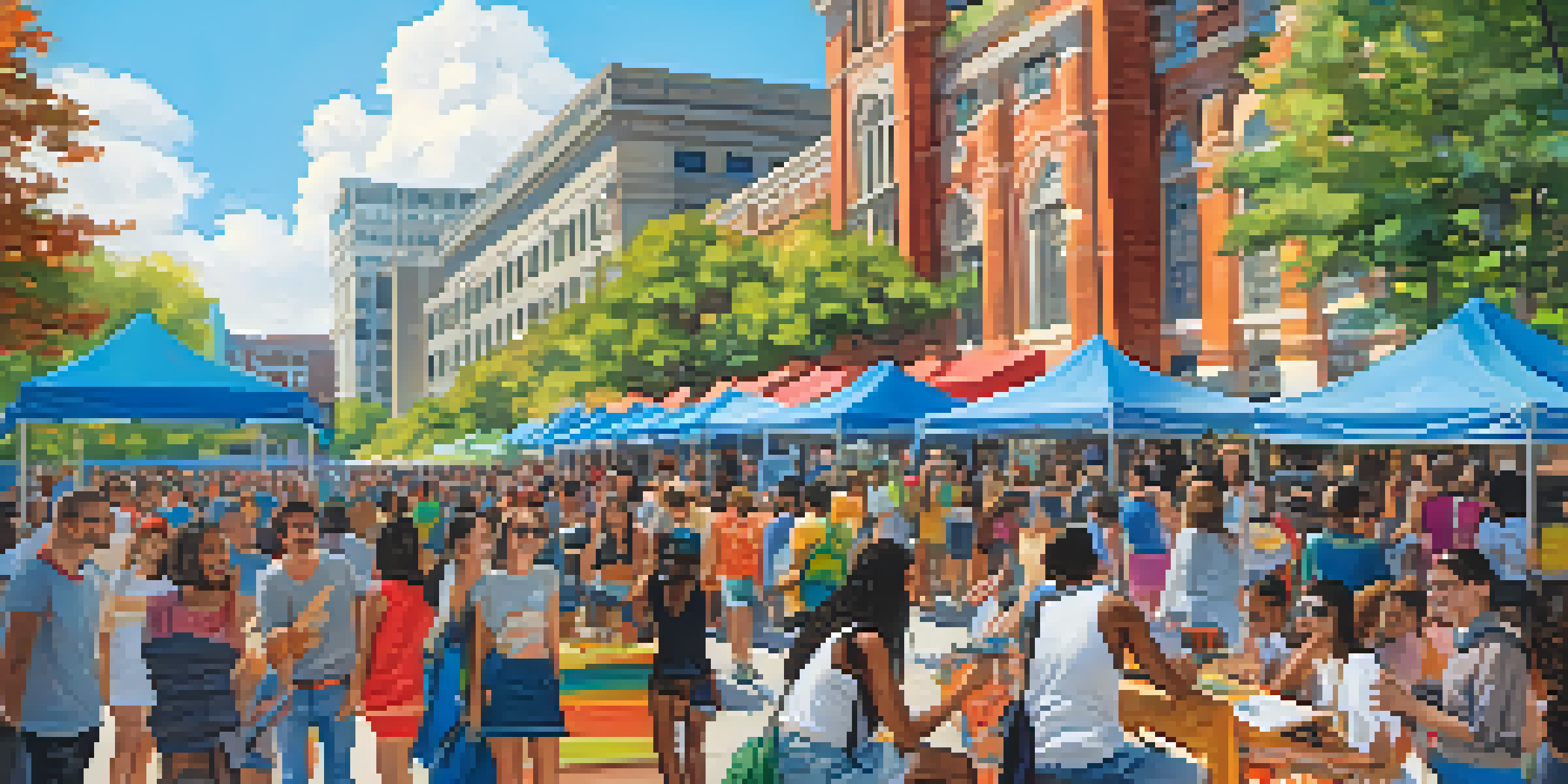 A lively outdoor arts festival in Atlanta with students showcasing artwork and enjoying food, surrounded by historic university buildings.