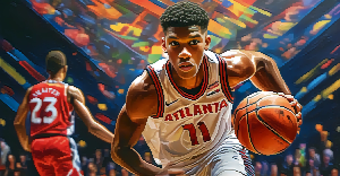 A young basketball player wearing an Atlanta Hawks jersey is dribbling a basketball, with an intense expression and a cheering crowd in the background.