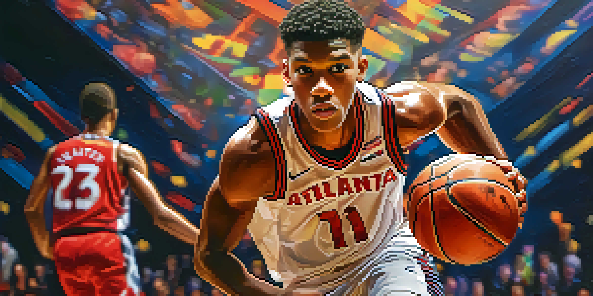 A young basketball player wearing an Atlanta Hawks jersey is dribbling a basketball, with an intense expression and a cheering crowd in the background.