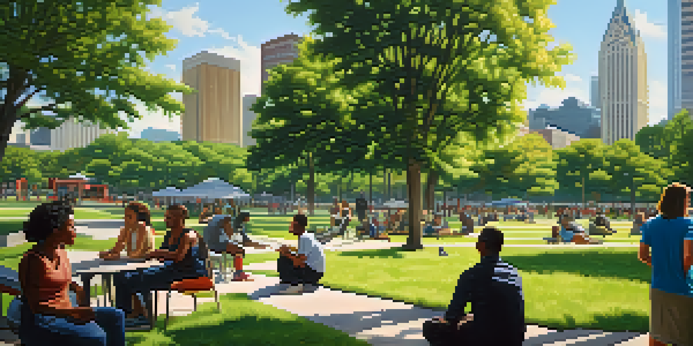 A vibrant park in downtown Atlanta with people of various backgrounds engaging in discussions, with the city skyline in the background.