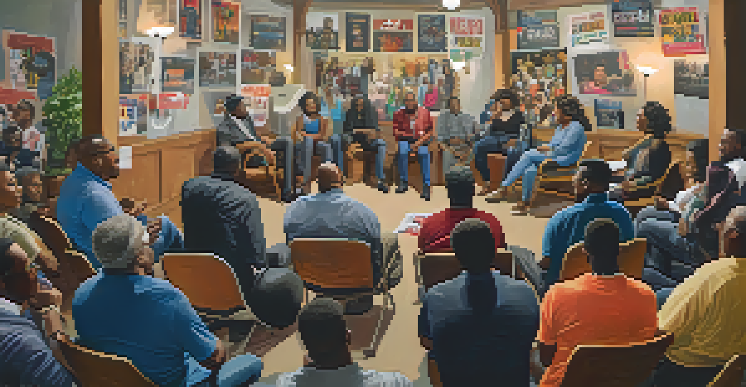 Community members gathered in a church basement discussing social justice issues, surrounded by posters and banners.