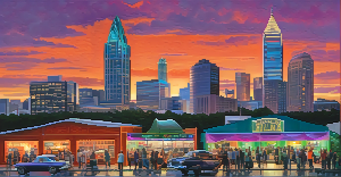 A panoramic view of Atlanta's skyline at dusk with a film set in the foreground, featuring crew members and colorful festival banners.