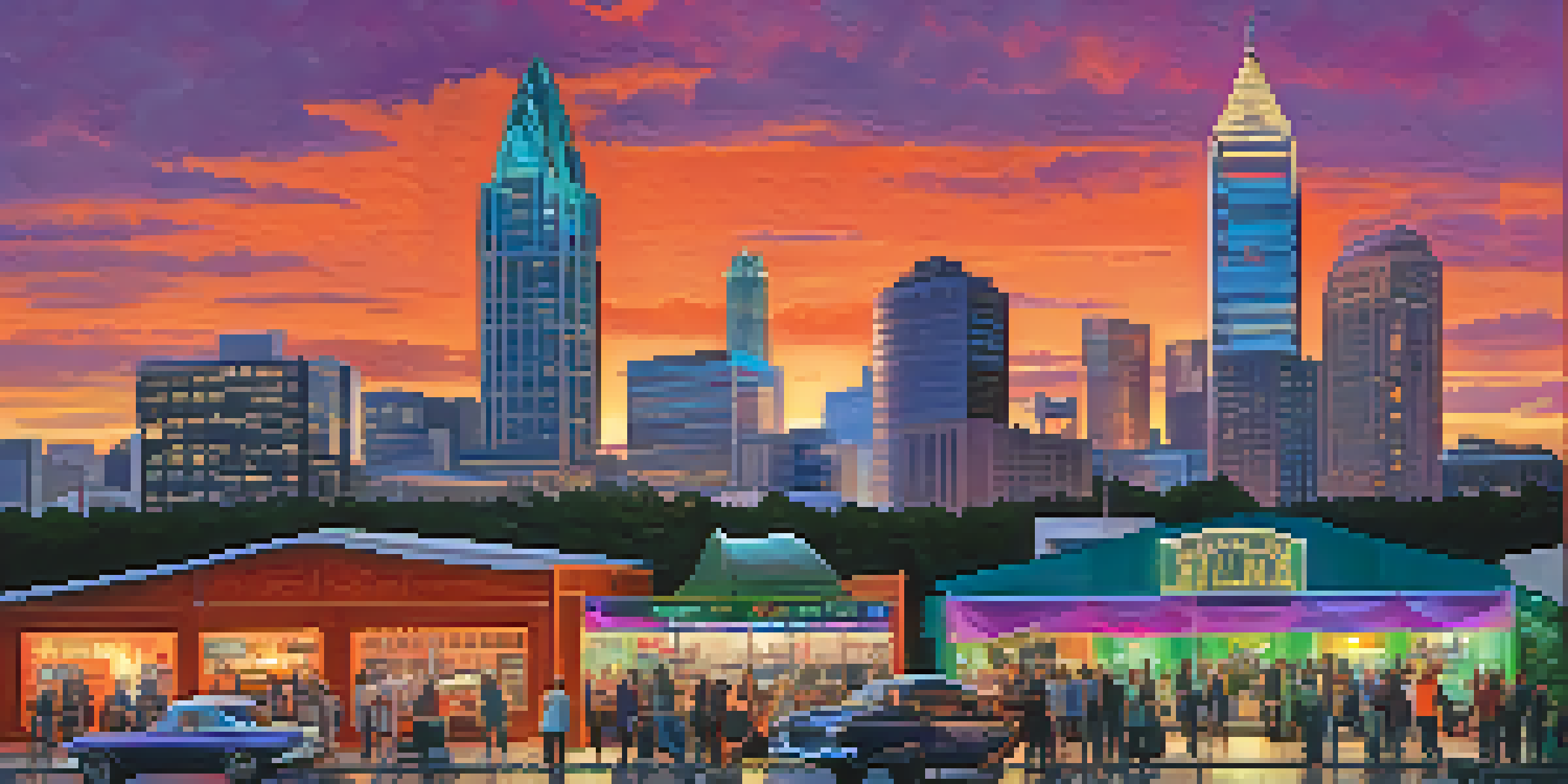 A panoramic view of Atlanta's skyline at dusk with a film set in the foreground, featuring crew members and colorful festival banners.