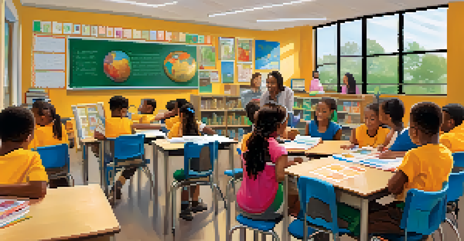 A classroom in Atlanta with students learning in a bilingual setting, filled with colorful educational materials.