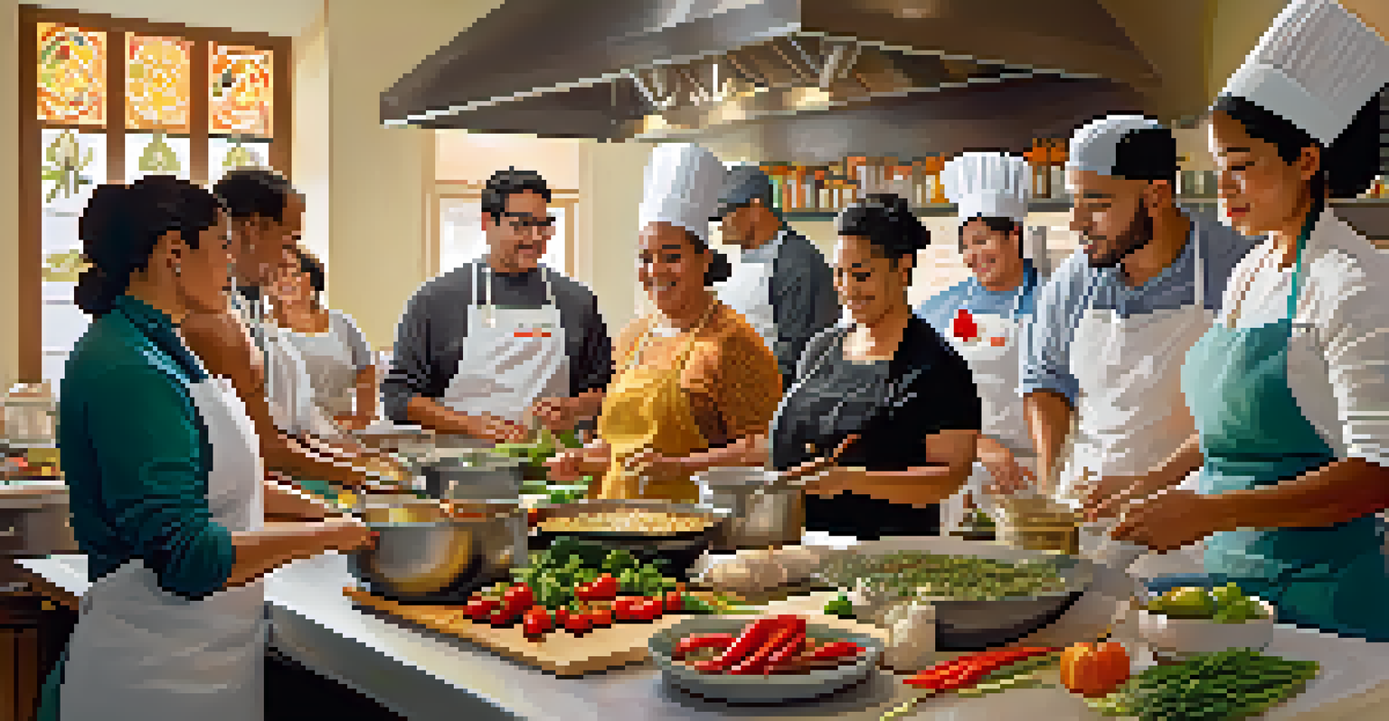 A Latino cooking class with diverse participants learning to prepare traditional dishes in a warm kitchen setting.