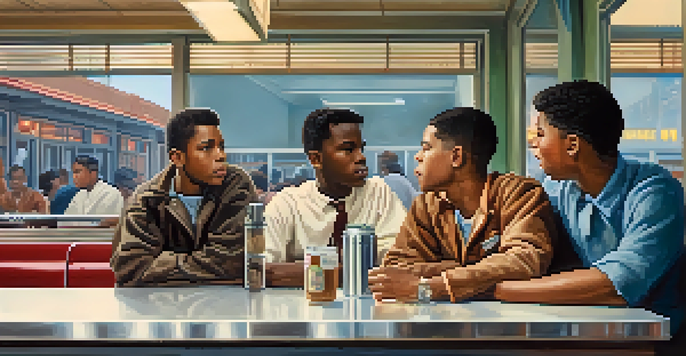 Students participating in a peaceful sit-in at a segregated lunch counter, showing determination and unity.