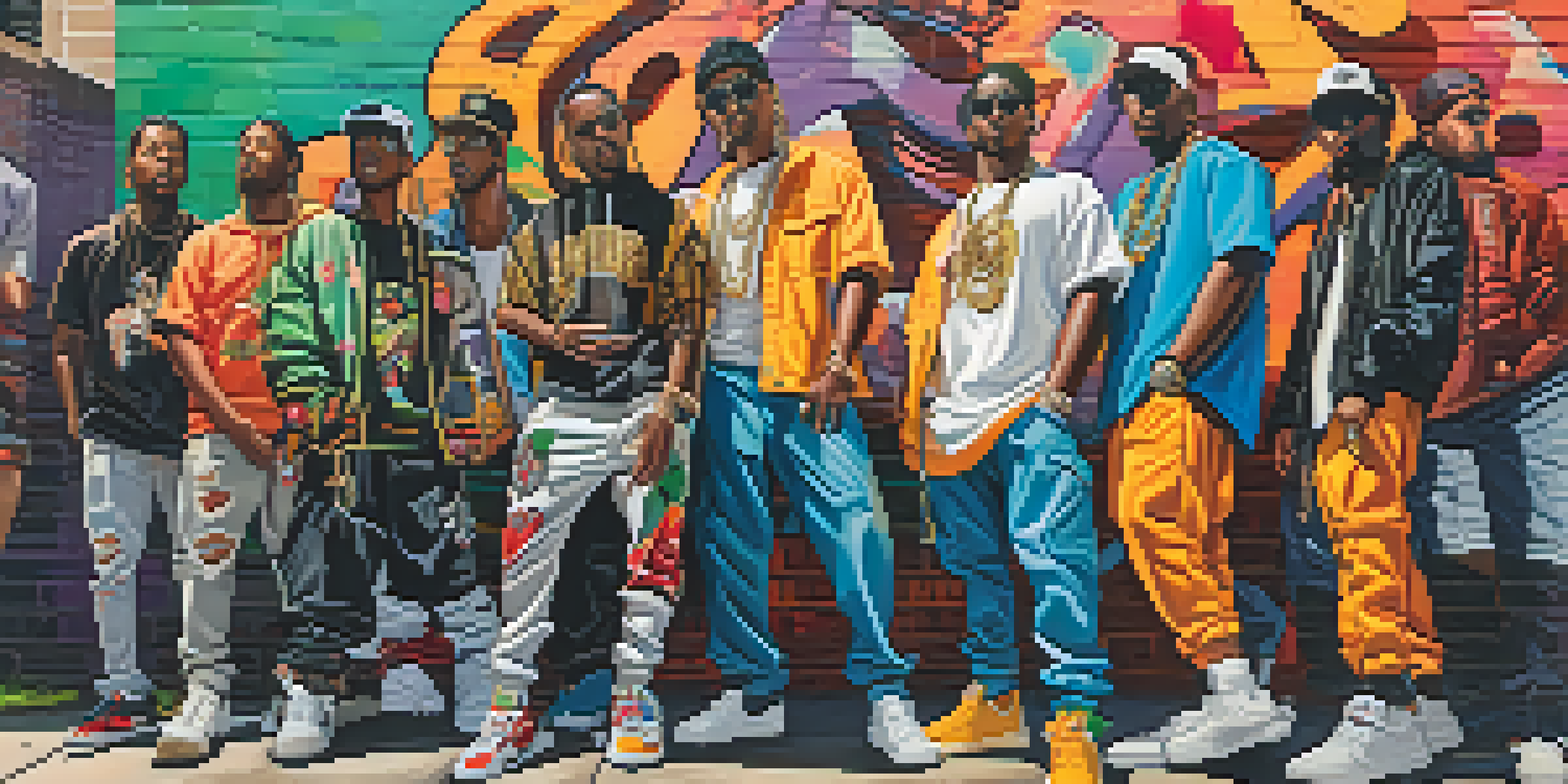 A diverse group of hip-hop artists in Atlanta, standing in front of colorful murals and graffiti, showcasing various styles and fashion.