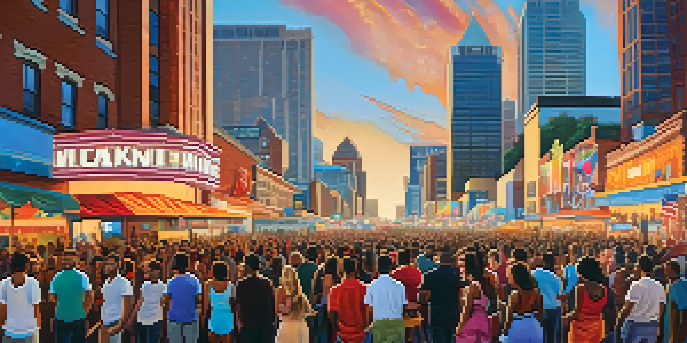 A lively street scene in Atlanta during a music festival, with artists on stage and a diverse crowd enjoying the performance, set against the skyline of Atlanta.