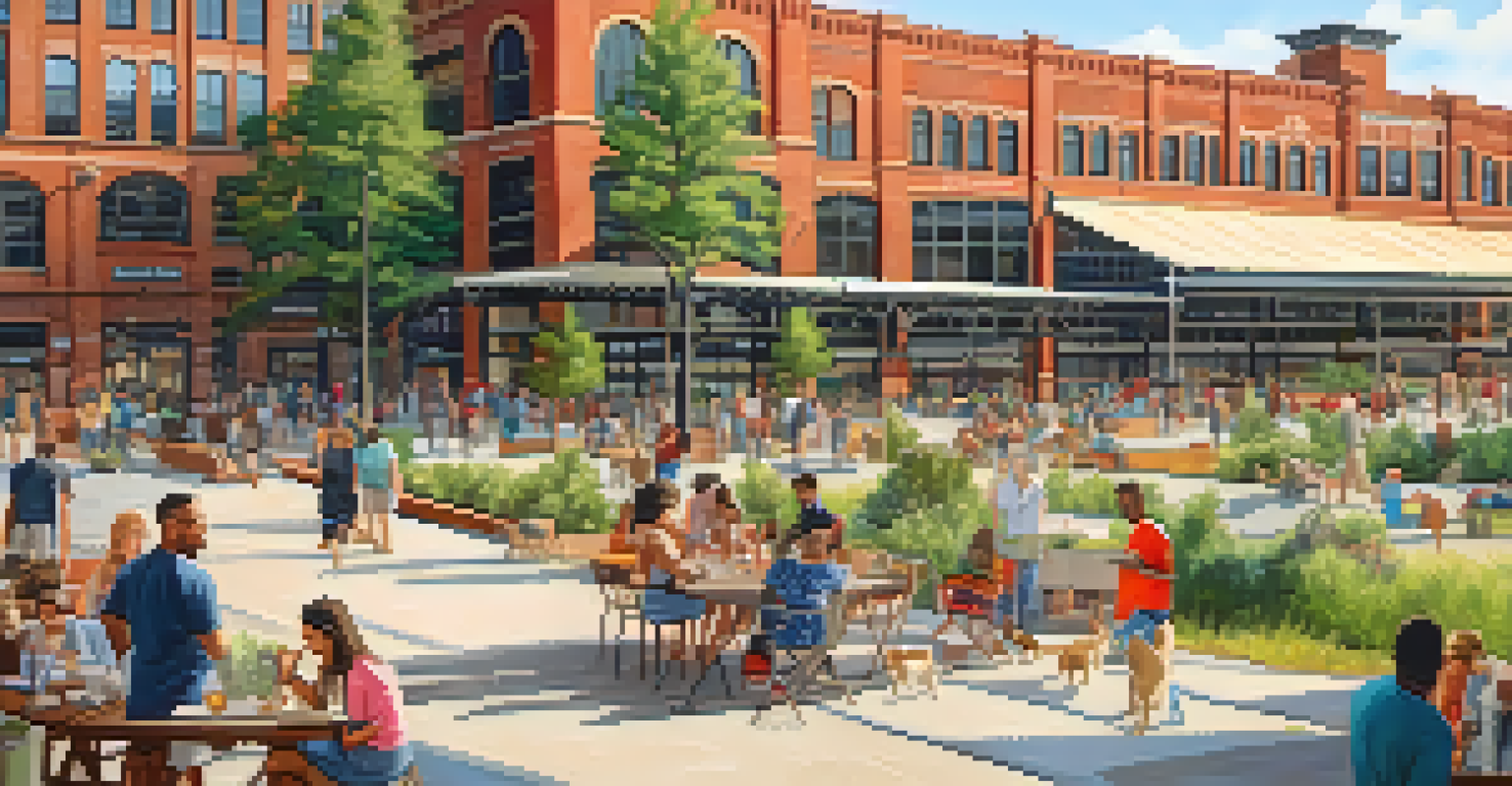 Ponce City Market in Atlanta with people walking dogs and enjoying outdoor dining.